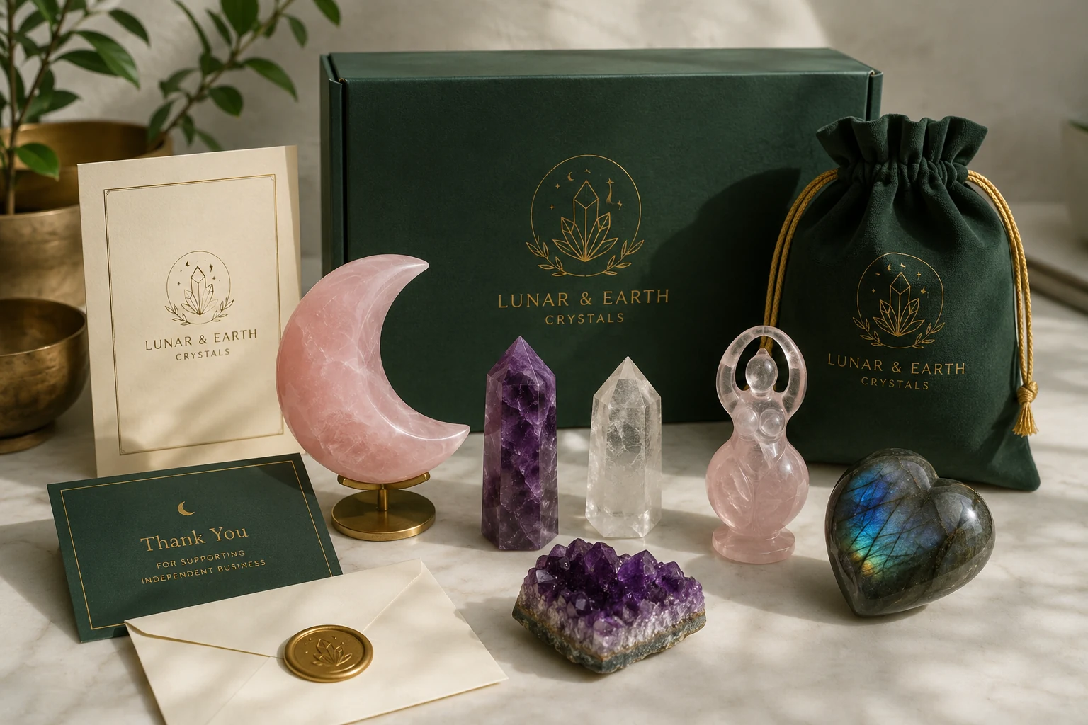 A collection of unique private label crystal brand products including custom carvings and branded packaging.