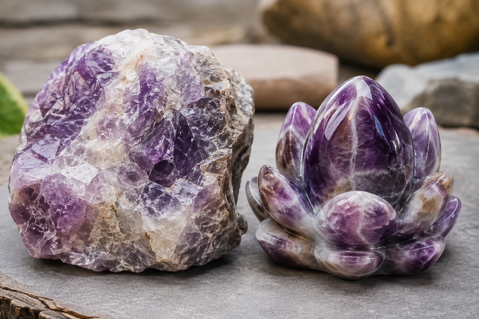 A close-up of a high-quality crystal carving next to a raw gemstone, illustrating the production journey of a crystal supplier.