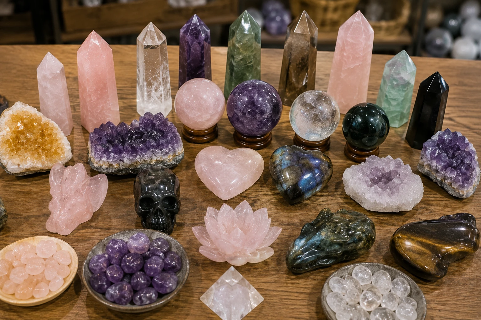 An assortment of wholesale crystal inventory a new crystal shop should buy, including towers, spheres, and carvings.