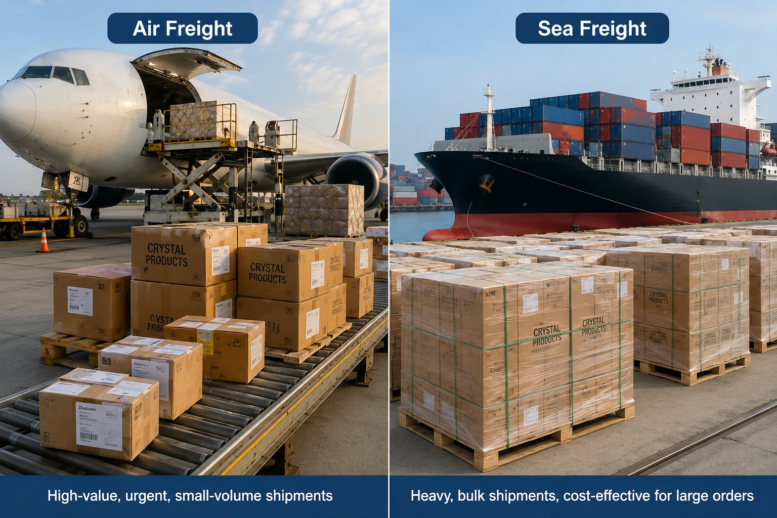 Comparing air freight and sea freight options for importing crystals from China