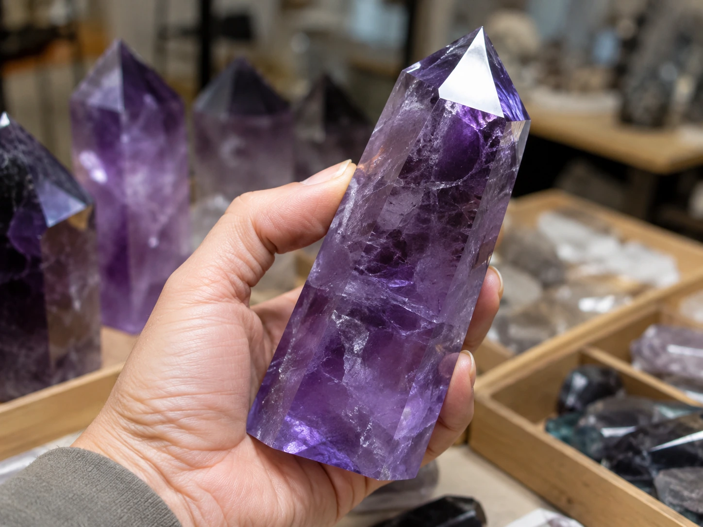 A hand inspecting a high-quality amethyst point, highlighting the importance of quality control in the dropshipping vs. bulk sourcing for crystal shops debate.