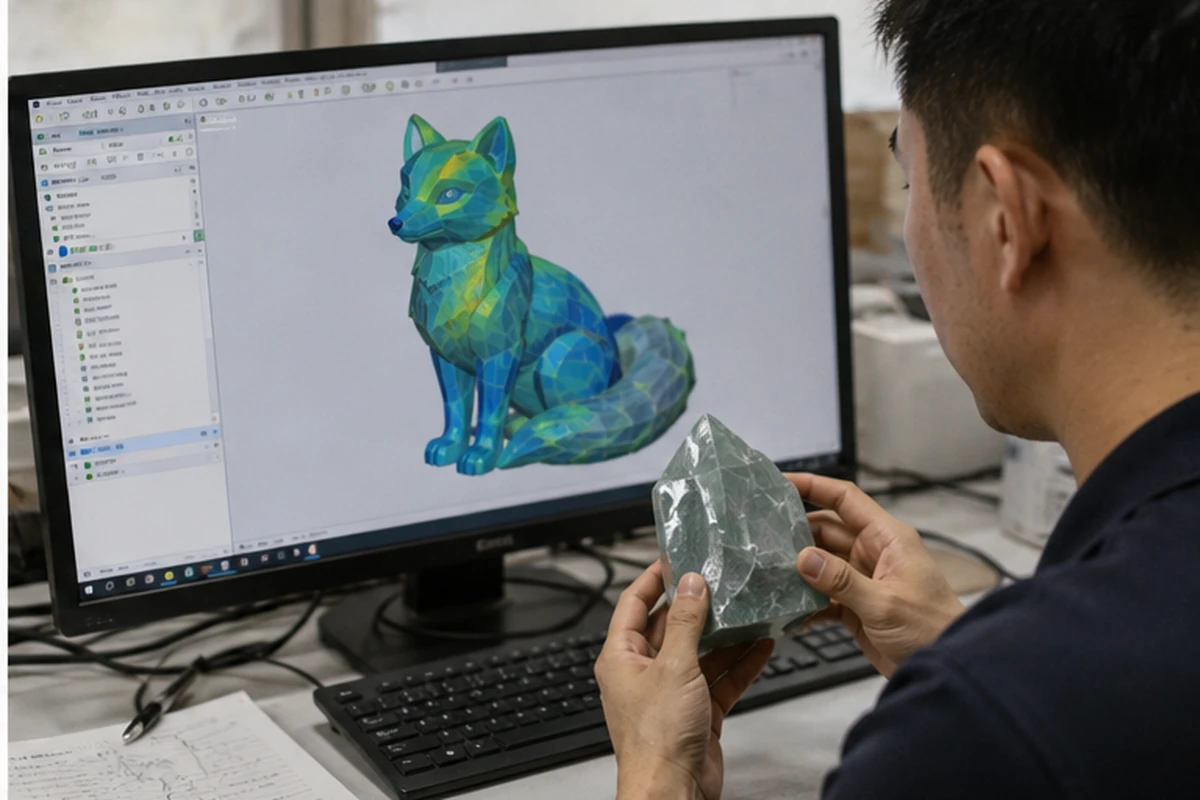 A detailed 3D CAD model of a crystal fox on a computer screen showing stress points, part of the OEM process analysis