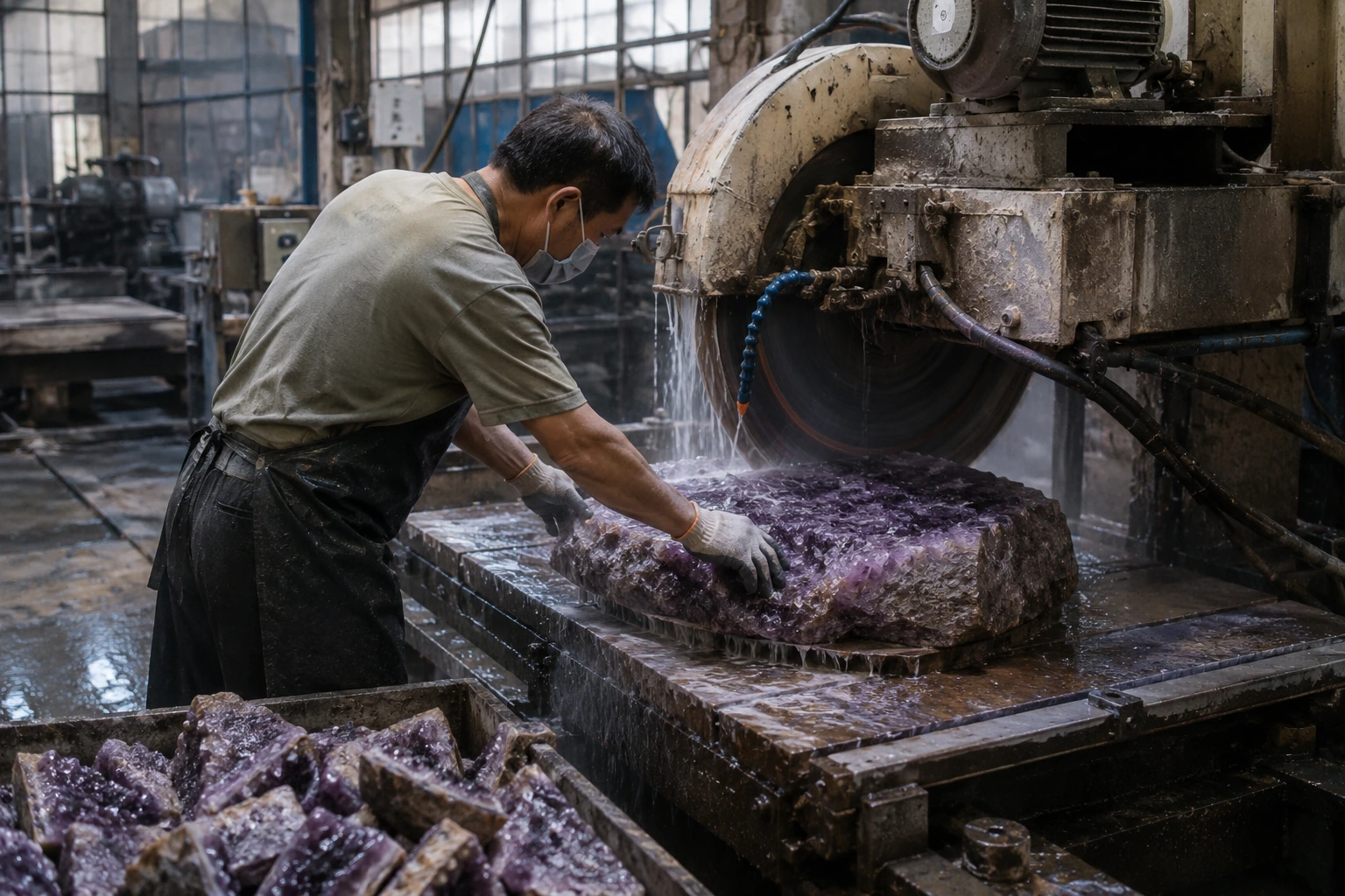 Heavy machinery cutting a large raw amethyst stone in a crystal factory