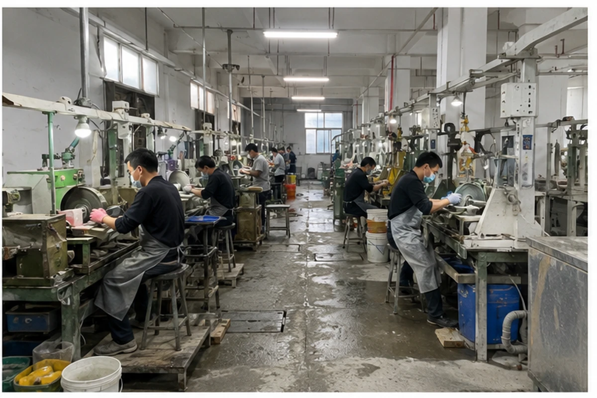 A virtual tour of a crystal workshop showing polishing machines, a key step in vetting a reliable wholesale crystal supplier.