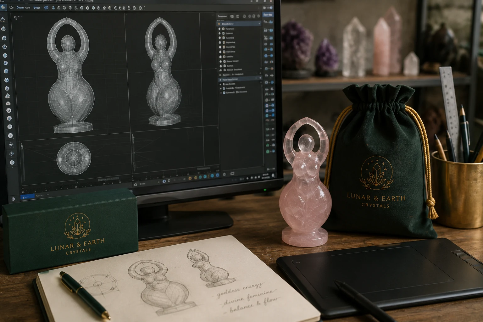 CAD design of a custom crystal carving next to the finished product, illustrating the process for a private label crystal brand.