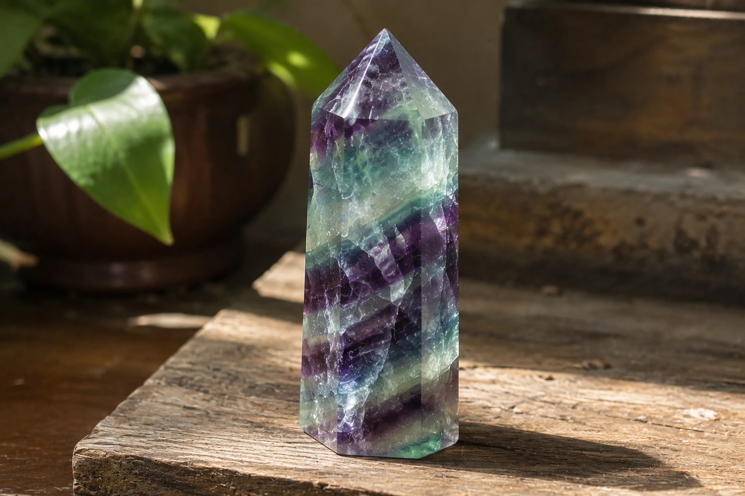 A close-up photo of a unique fluorite crystal tower, showcasing its internal banding and color variations