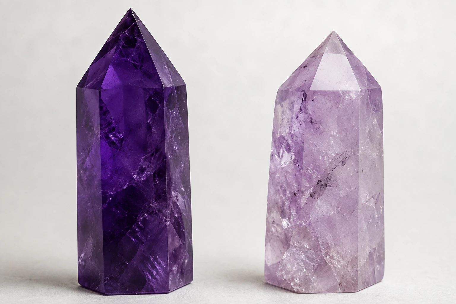 A side-by-side comparison of a deep purple, high-grade amethyst point and a pale, included, lower-grade amethyst point.