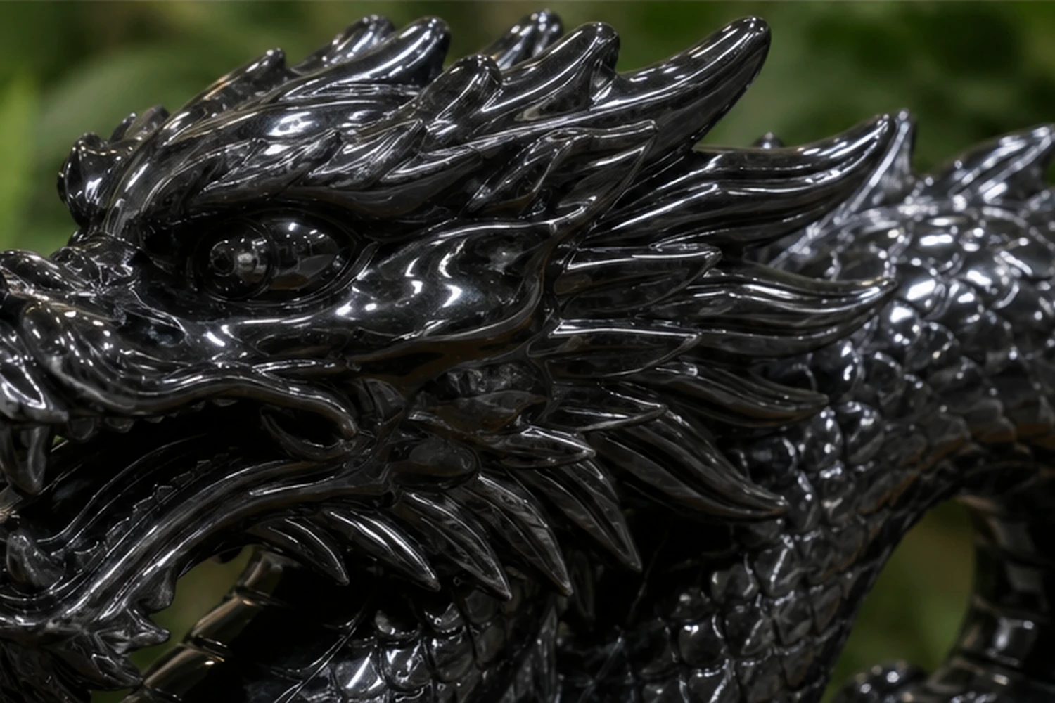 An intricate obsidian dragon carving showing sharp details and polished surfaces.