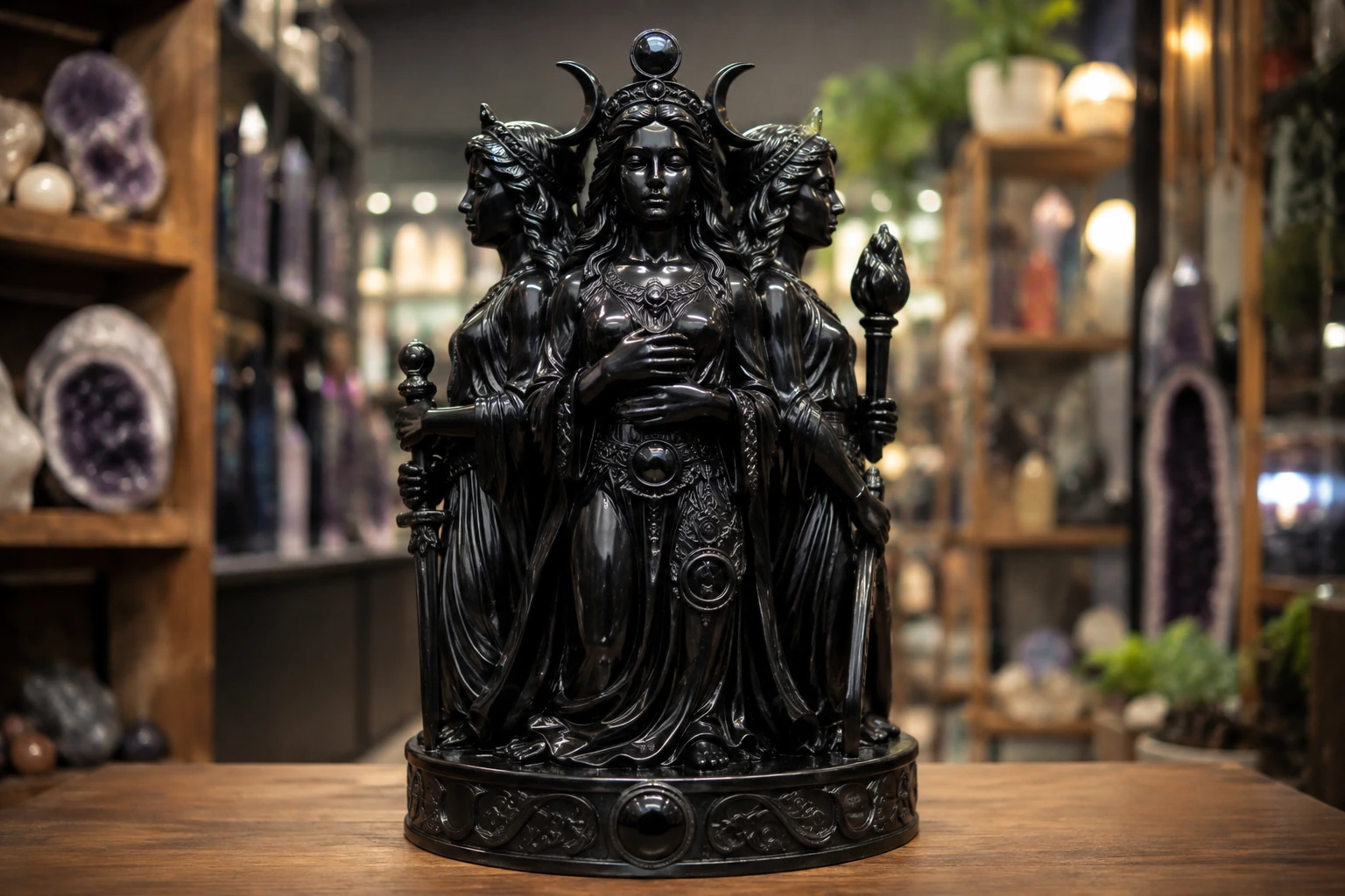 An intricate obsidian Hecate goddess statue, an example of a high-margin crystal carving.