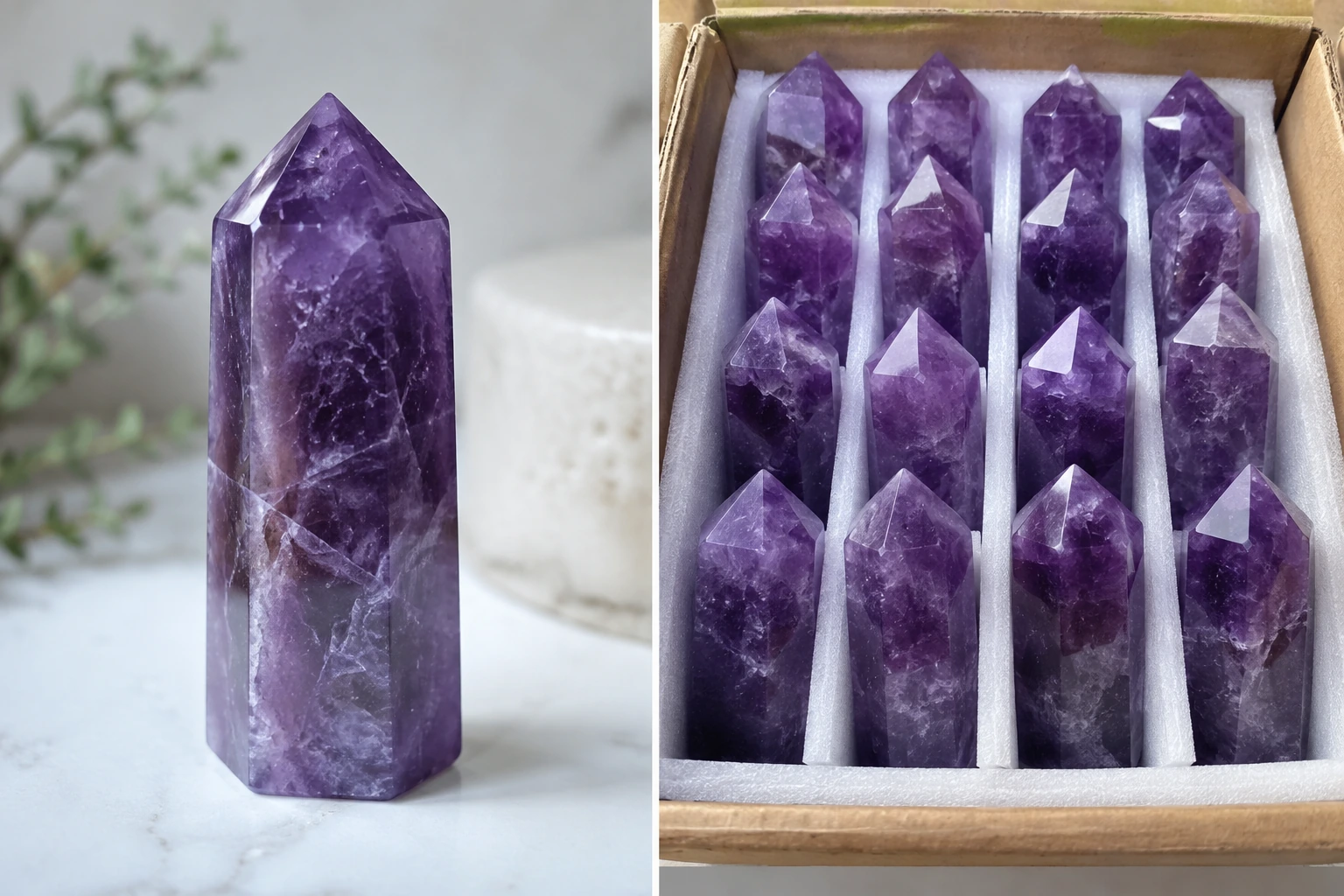 A split-screen image showing a single perfect crystal sample on one side and a box of similar high-quality bulk crystals on the other.