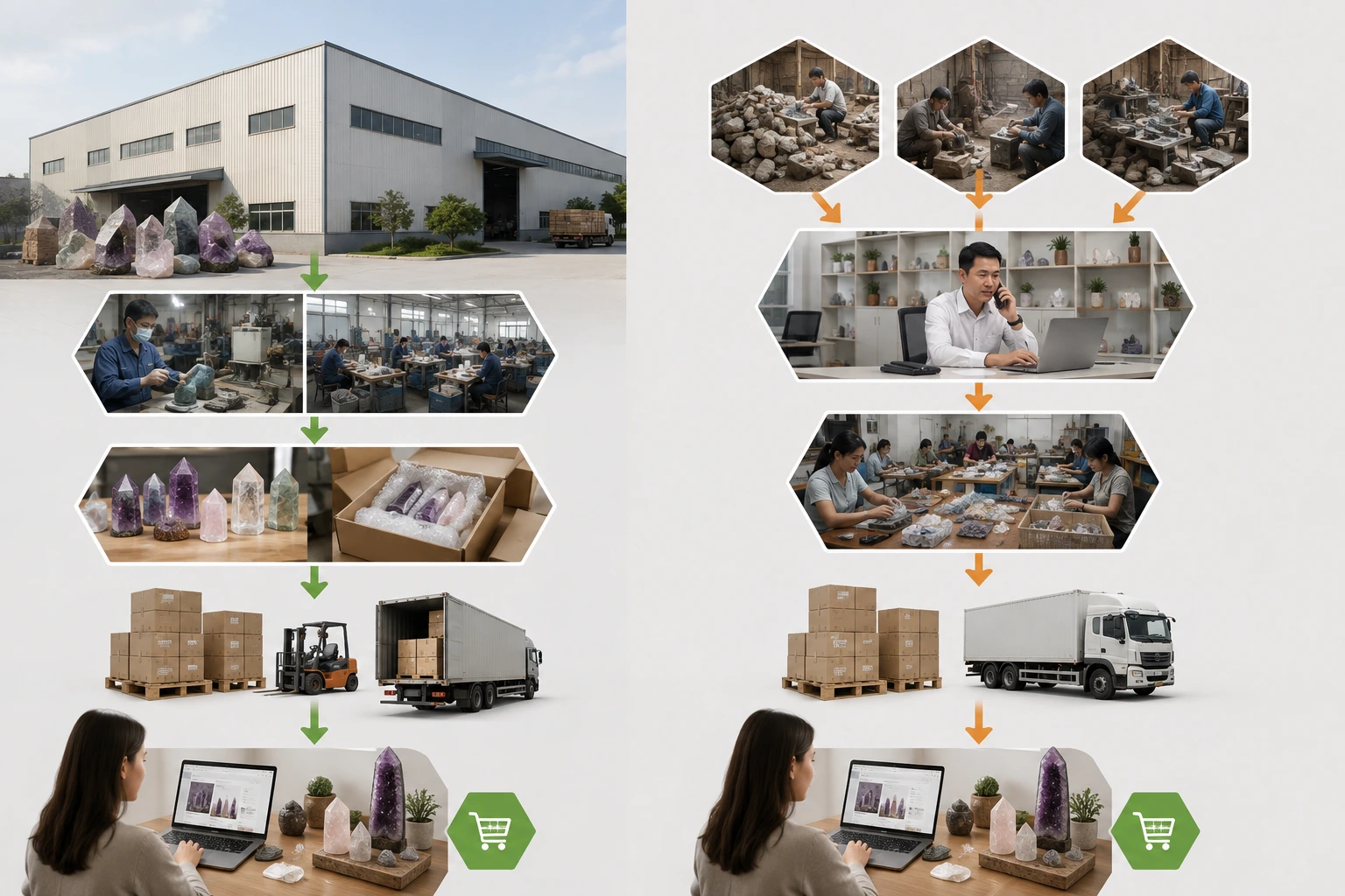 Diagram showing the supply chain flow from a factory vs. a trading company to a retail buyer.