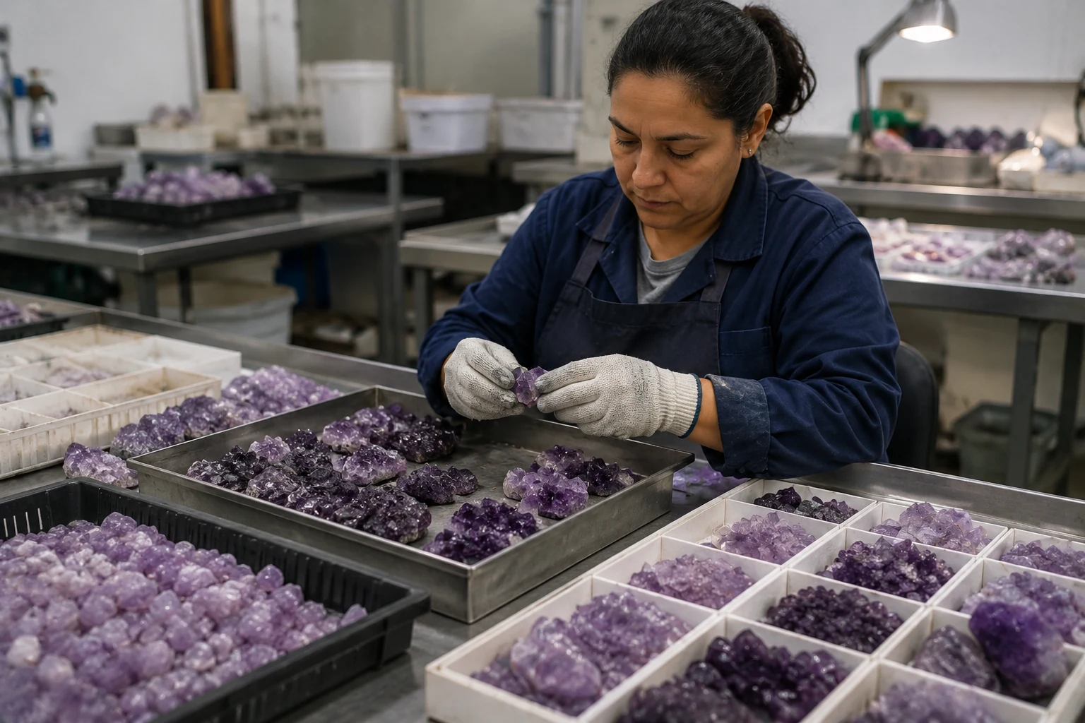 A worker sorting raw amethyst stones by color and quality before they are sent for carving.