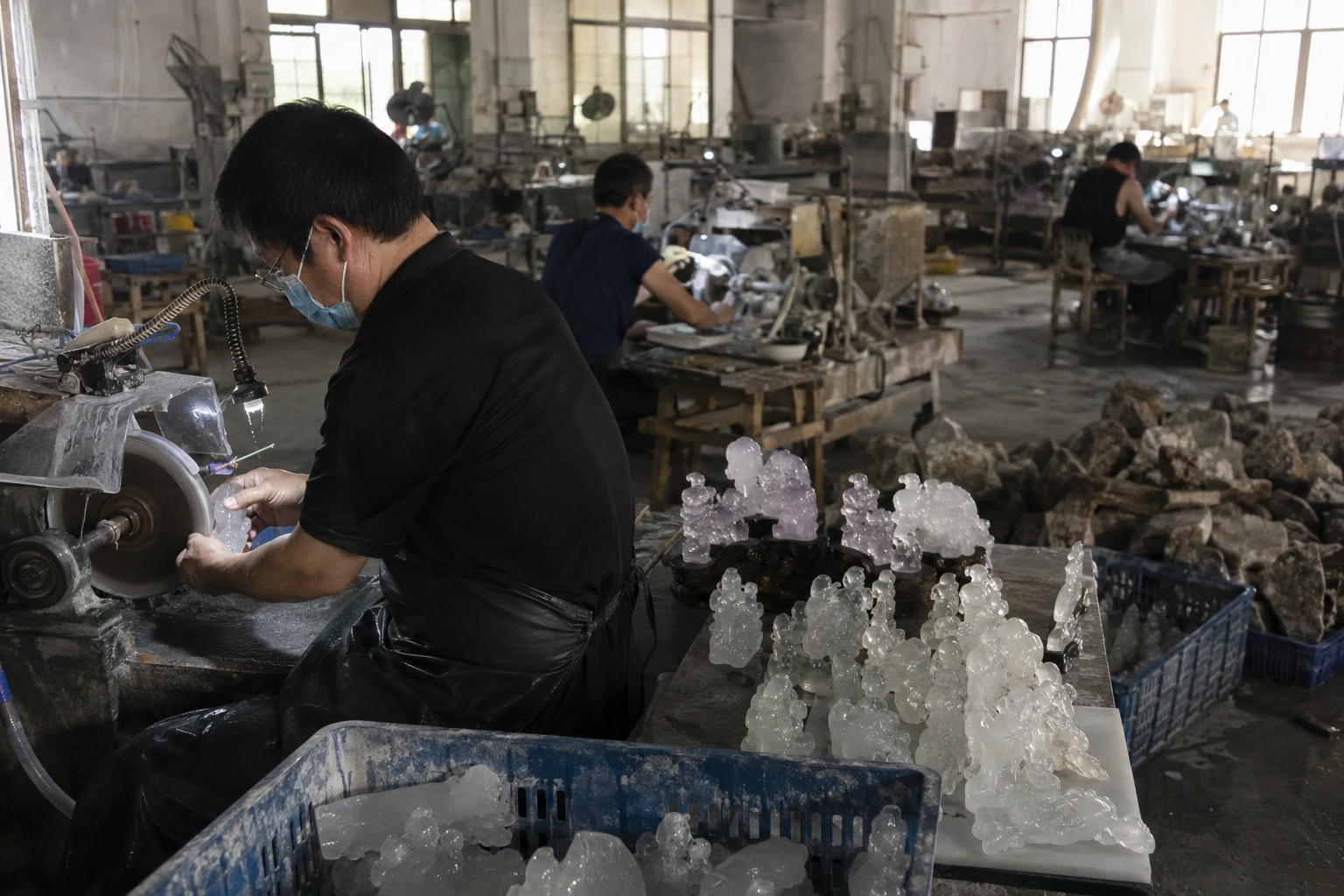 A crystal carving workshop with machinery, water, and raw stones visible in the background