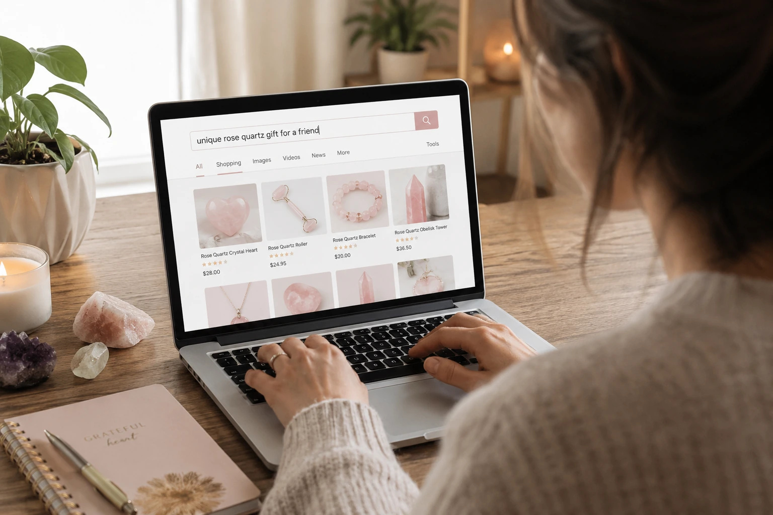 A person typing "unique rose quartz gift for a friend" into a search bar on their laptop