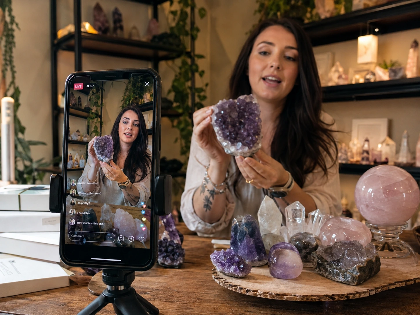 A person hosting a crystal live sale on their phone, a key marketing tactic unavailable when considering dropshipping vs. bulk sourcing for crystal shops.