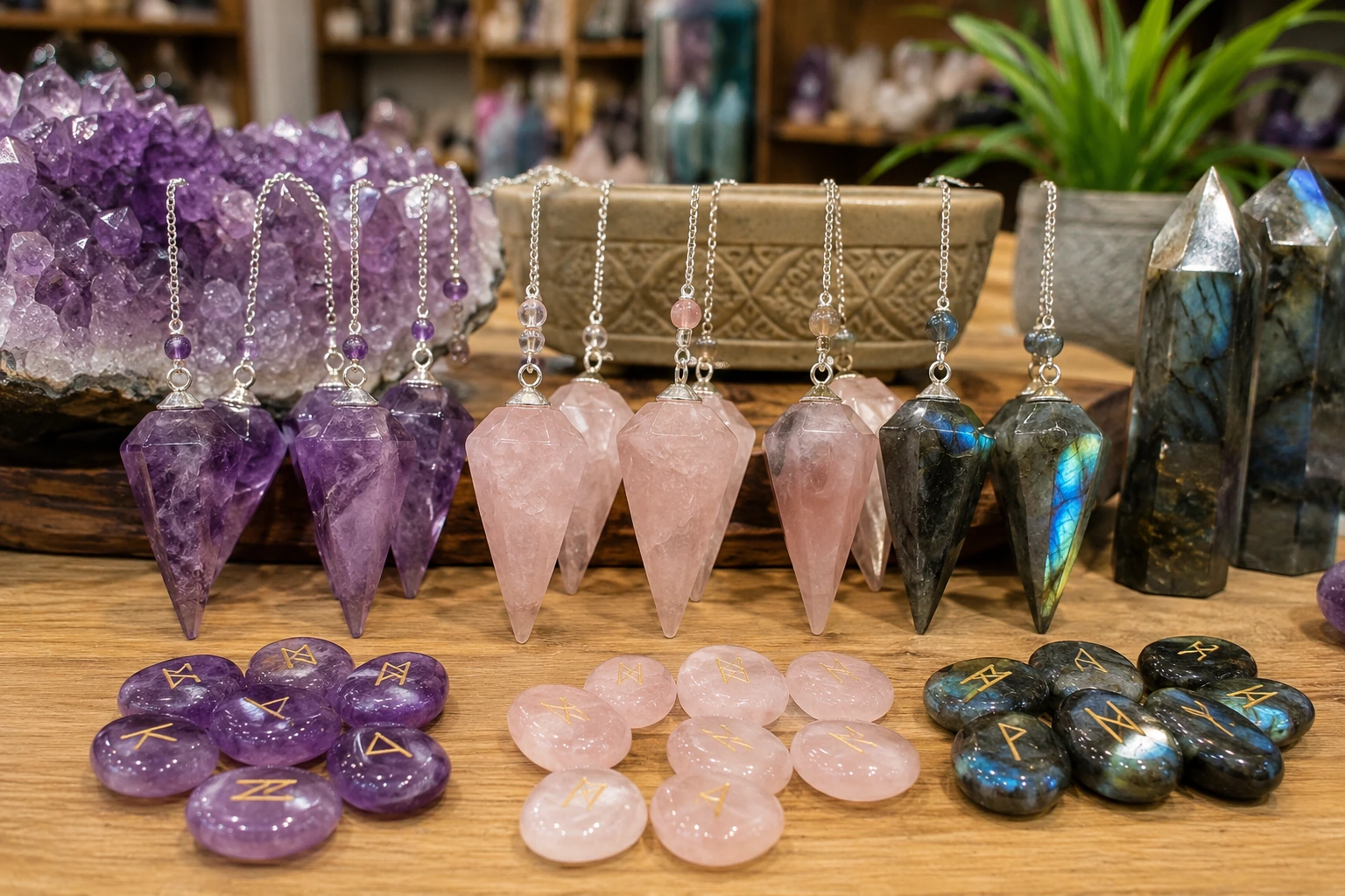 A variety of crystal pendulums made from high-quality amethyst, rose quartz, and labradorite offcut materials.