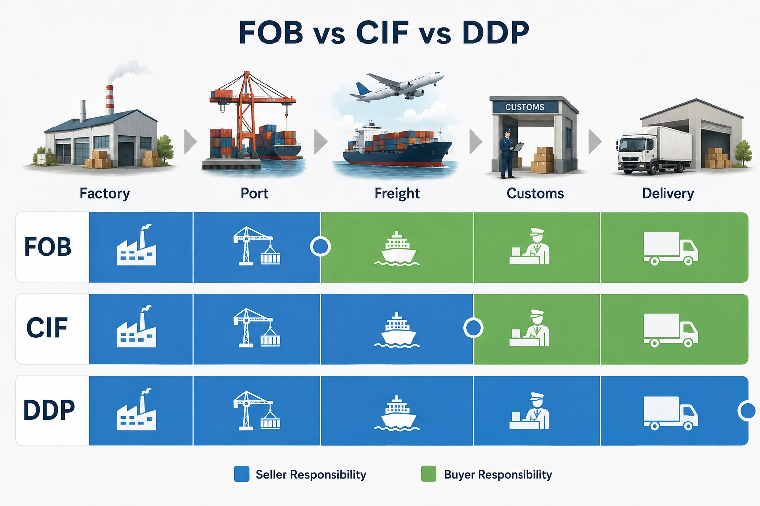 A flowchart explaining the difference between FOB, CIF, and DDP shipping for importing crystals from China