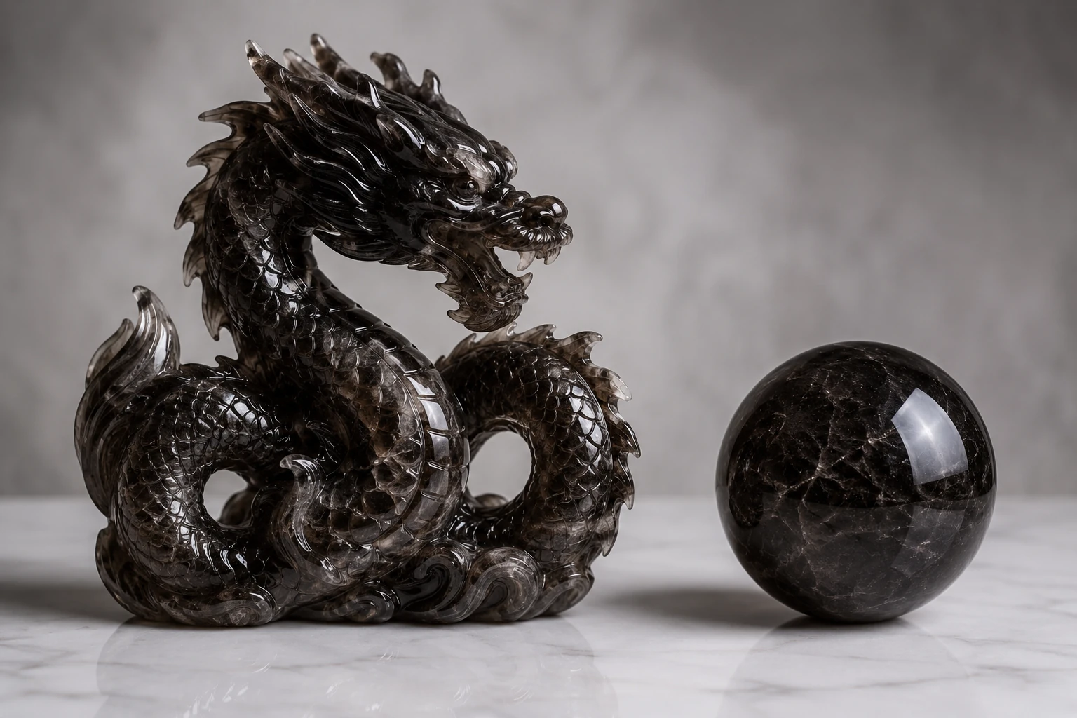 An intricately hand-carved crystal dragon with detailed scales placed next to a simple, machine-polished crystal sphere of the same material.