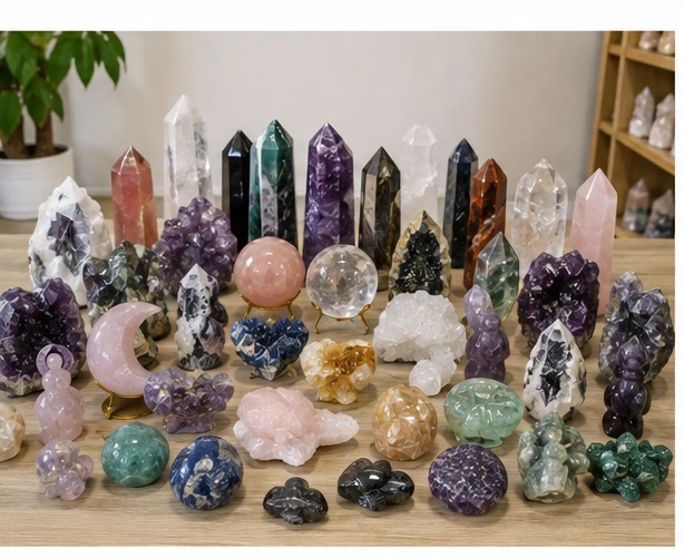 A retail display showing the ideal 5-3-2 product mix, illustrating how much inventory a new crystal shop should buy.