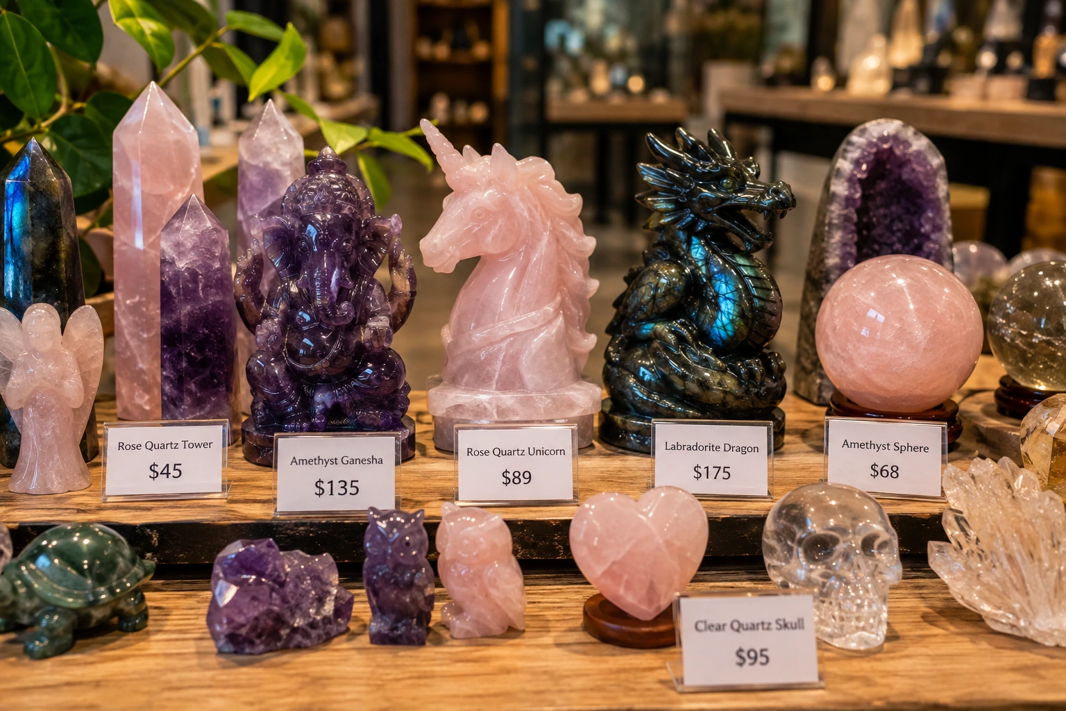 A smartphone showing a viral TikTok video about a specific crystal carving, like a mushroom or goddess statue.
