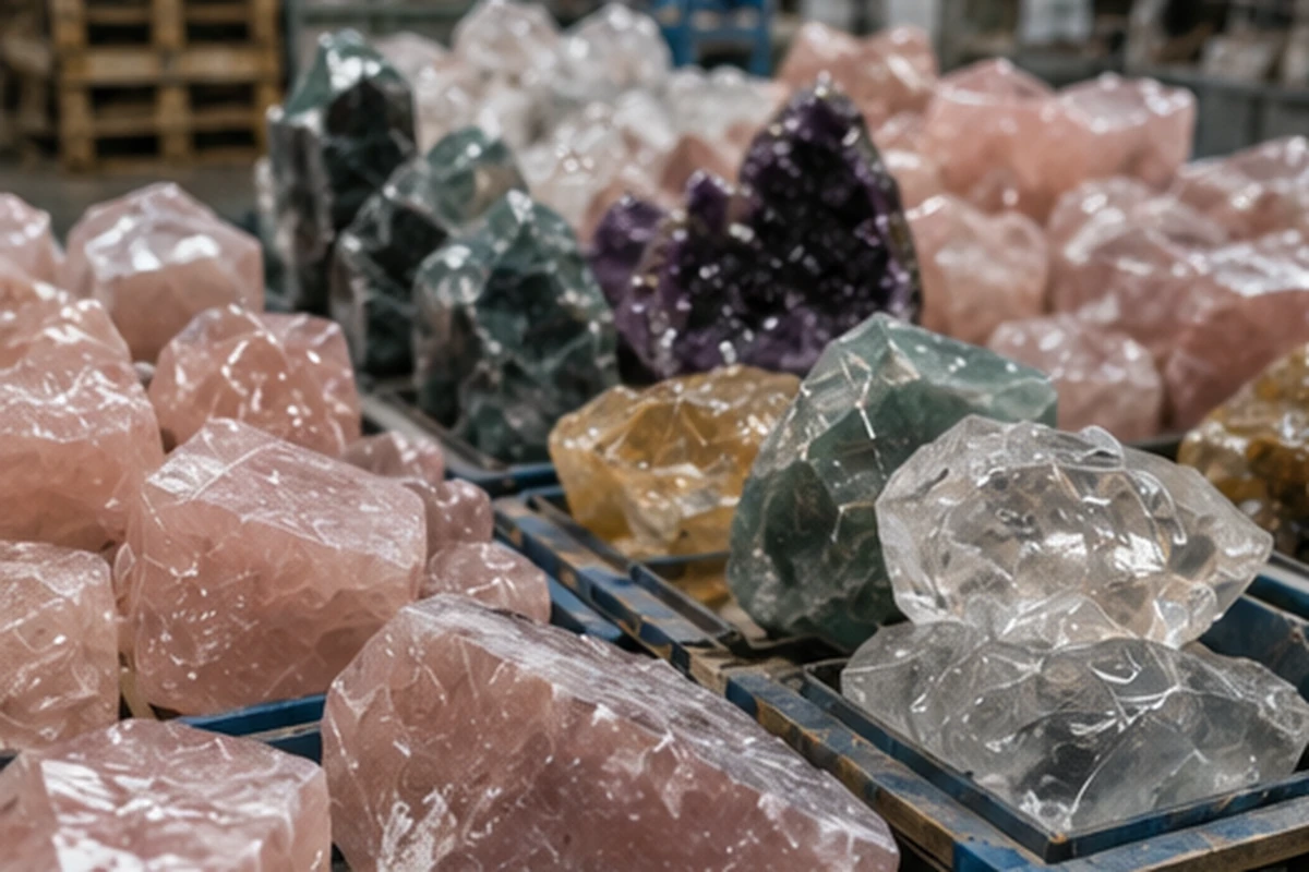 Workers sorting raw amethyst stones by color and clarity on a large table under bright lights, a key step in the OEM process
