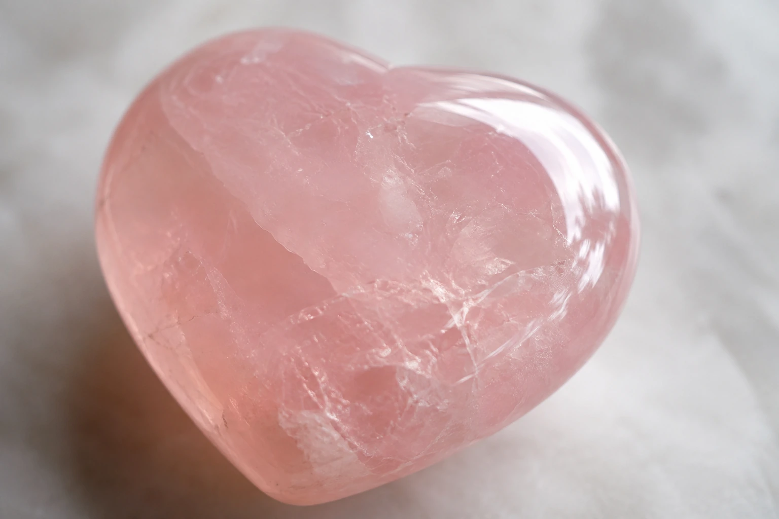 A close-up macro shot of the perfectly polished surface of a rose quartz heart, showing its smooth texture and light reflection.