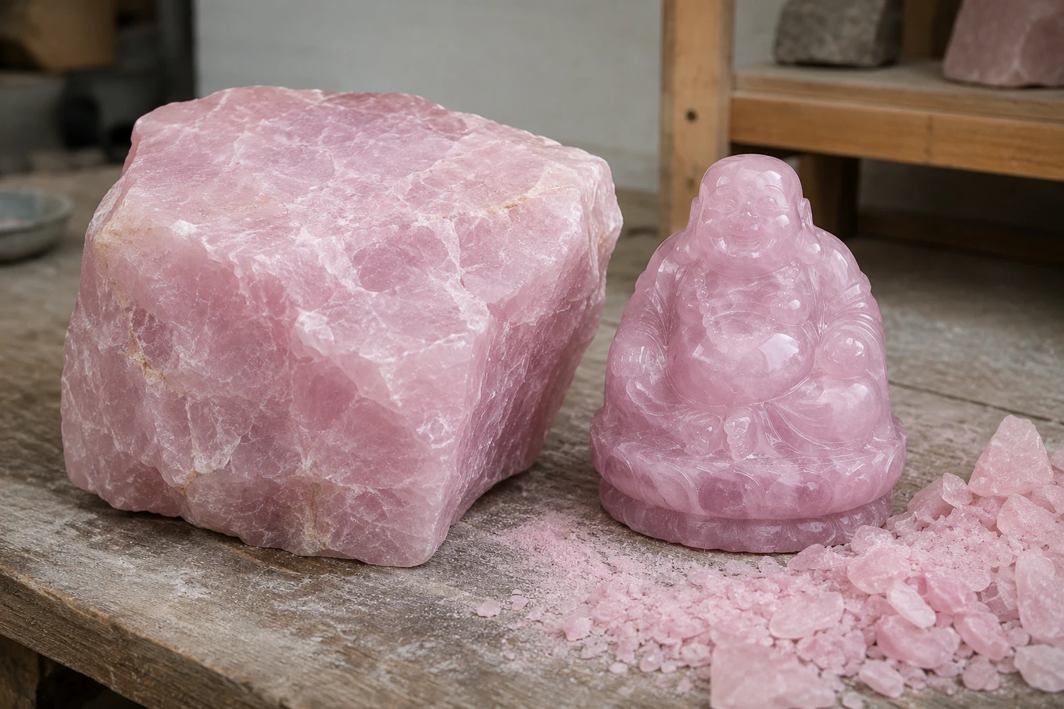 A large block of raw rose quartz showing visible internal cracks and inclusions next to a smaller, clear carved piece.