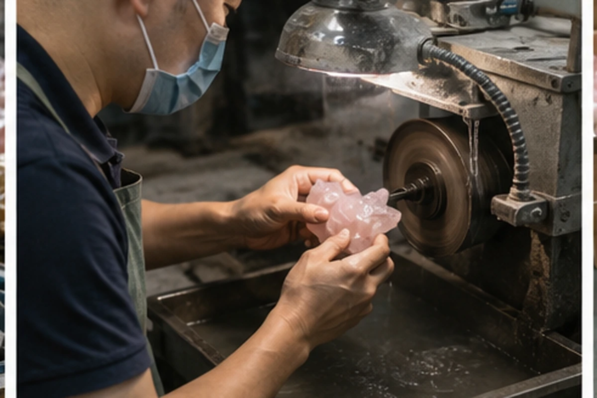 A craftsman hand-polishing a prototype of a custom crystal dragon, with a CNC-cut rough blank nearby