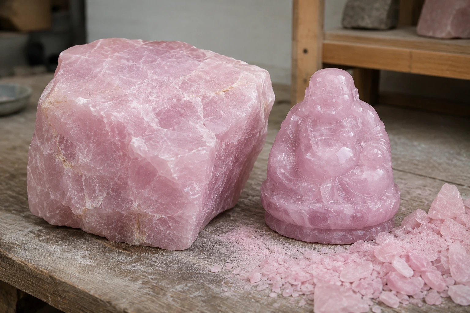A large, 10kg block of raw rose quartz next to a finished 3kg carving, illustrating the significant material lost during the process.