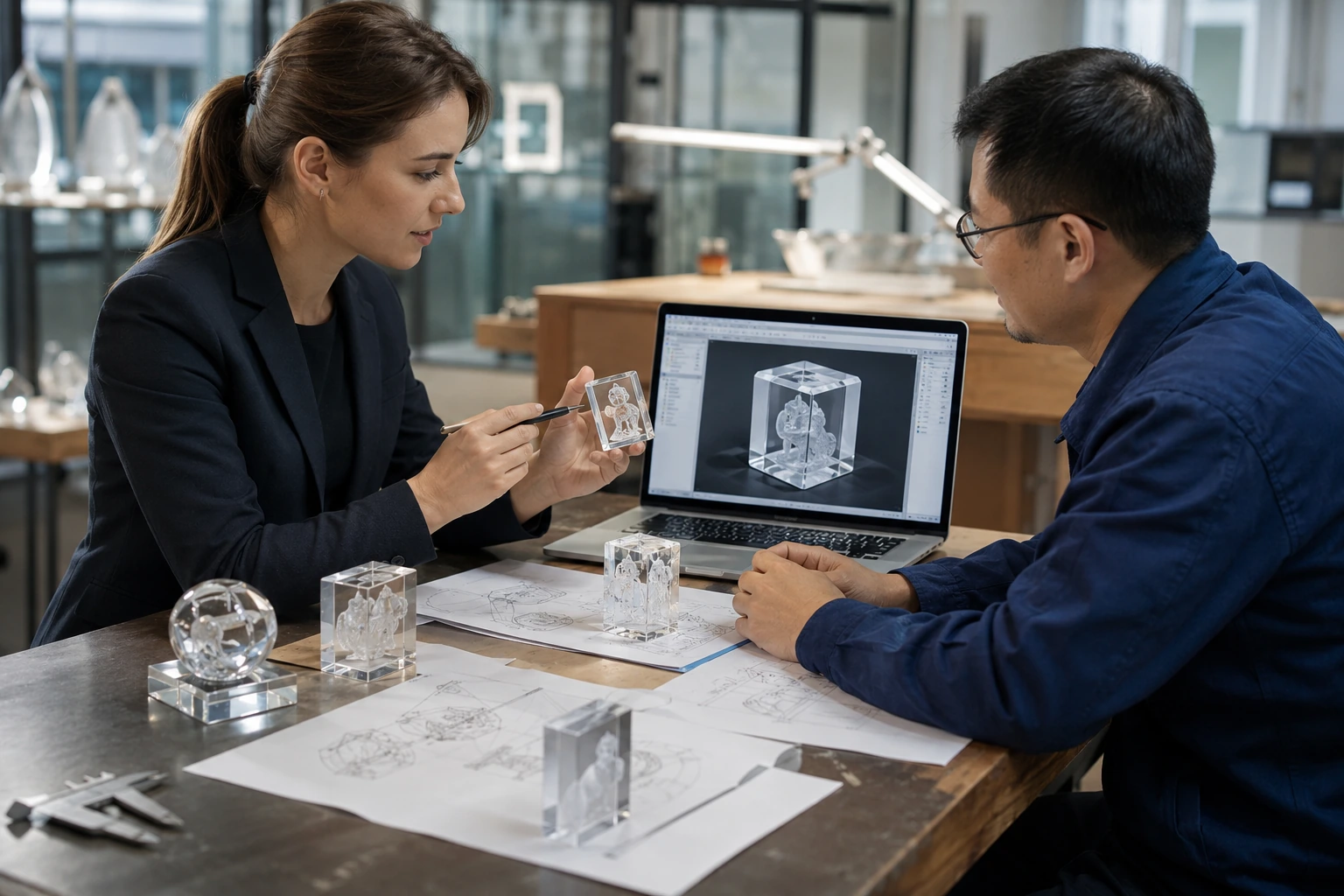 A designer discussing a custom 3D crystal carving design with a factory technician.