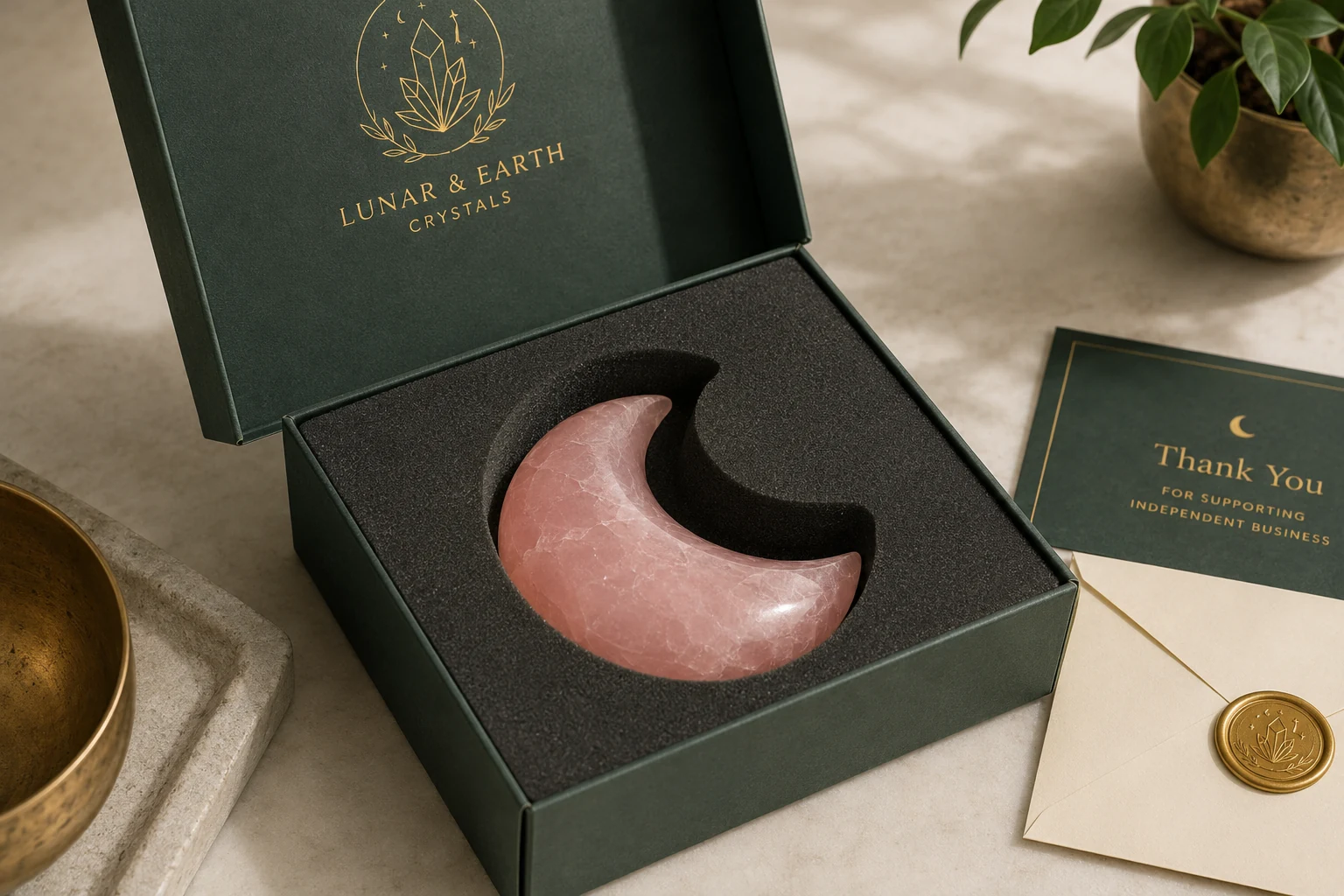 A custom-cut EVA foam insert holding a crystal carving snugly inside a branded gift box.