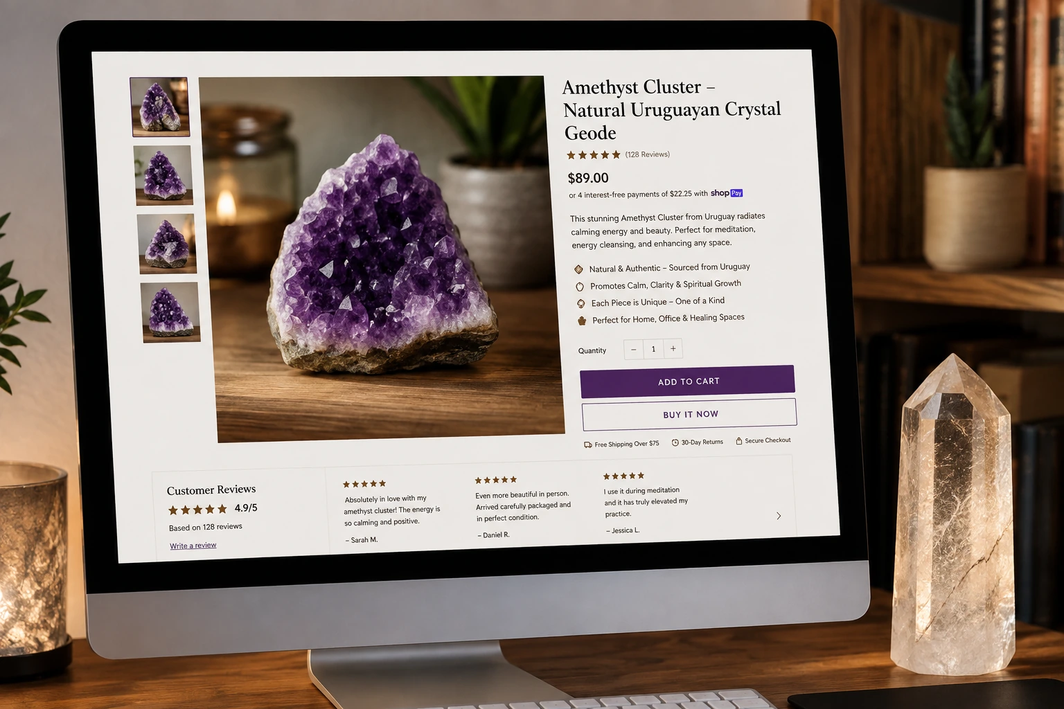 A well-designed crystal product page showing multiple photos, a detailed description, and customer reviews
