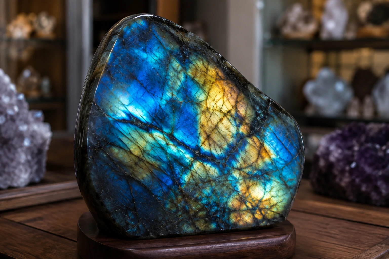 A piece of high-flash labradorite showing its vibrant blue and gold schiller effect.