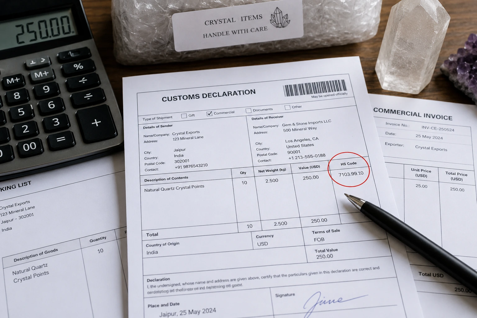 A customs declaration form showing the HS Code section, crucial for importing crystals from China