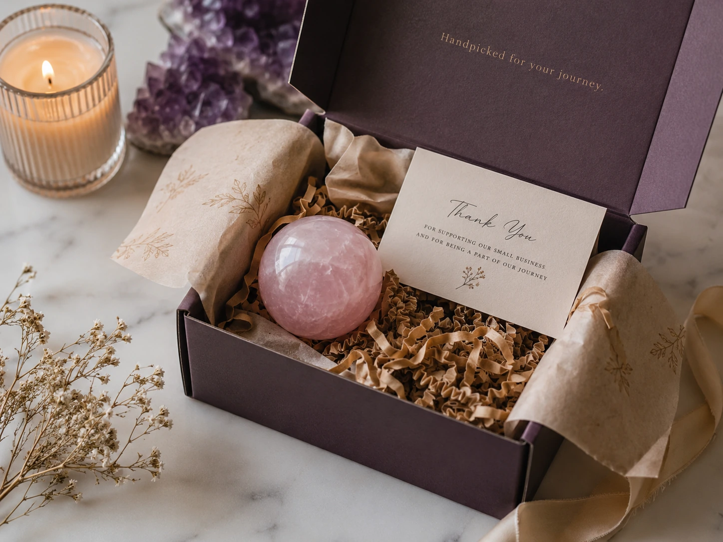 A beautiful, custom-branded box for a crystal product, showcasing a premium unboxing experience.