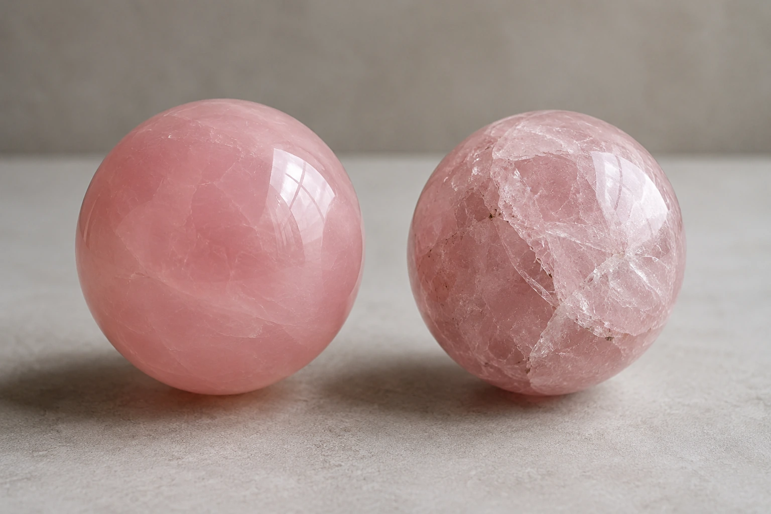 Side-by-side comparison of a high-clarity A-grade rose quartz sphere and a cloudy, cracked C-grade sphere