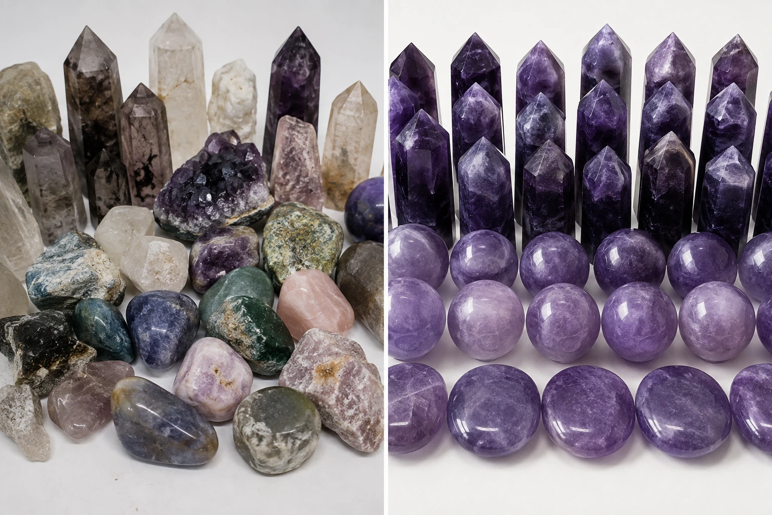 A comparison showing inconsistent, low-quality crystals versus a batch of uniform, high-quality crystals