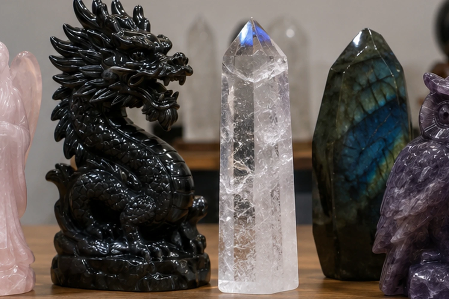 A side-by-side comparison of a shallow carving on clear quartz (details lost) and on black obsidian (details sharp).