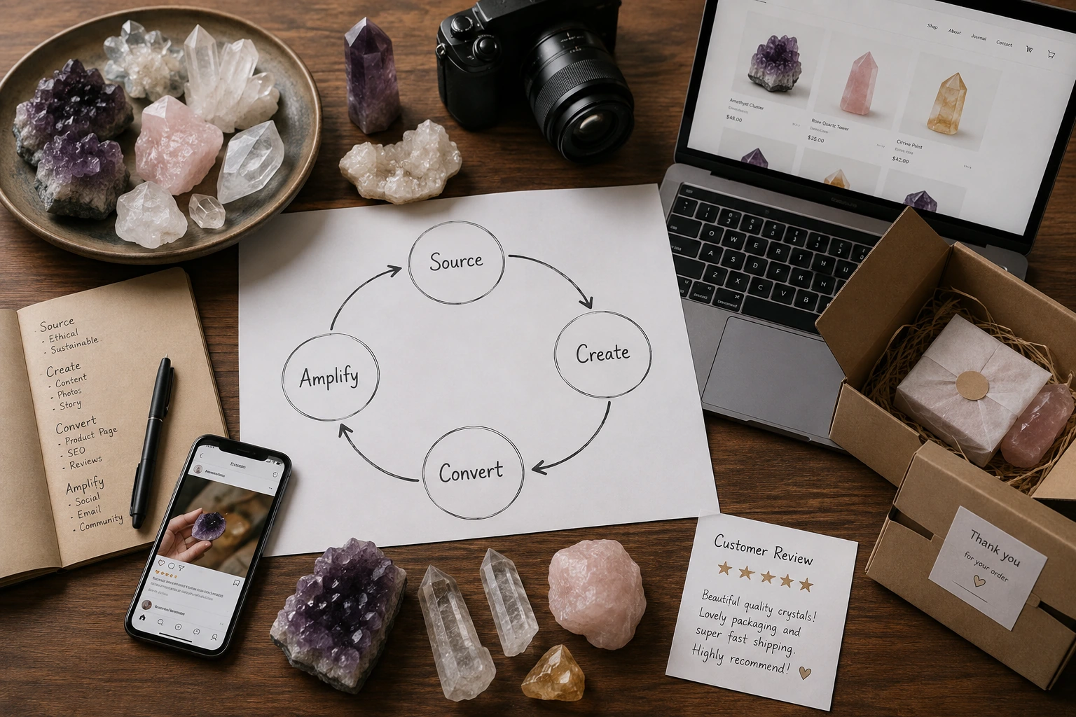 A diagram illustrating the four stages of the crystal e-commerce content flywheel: Source, Create, Convert, and Amplify