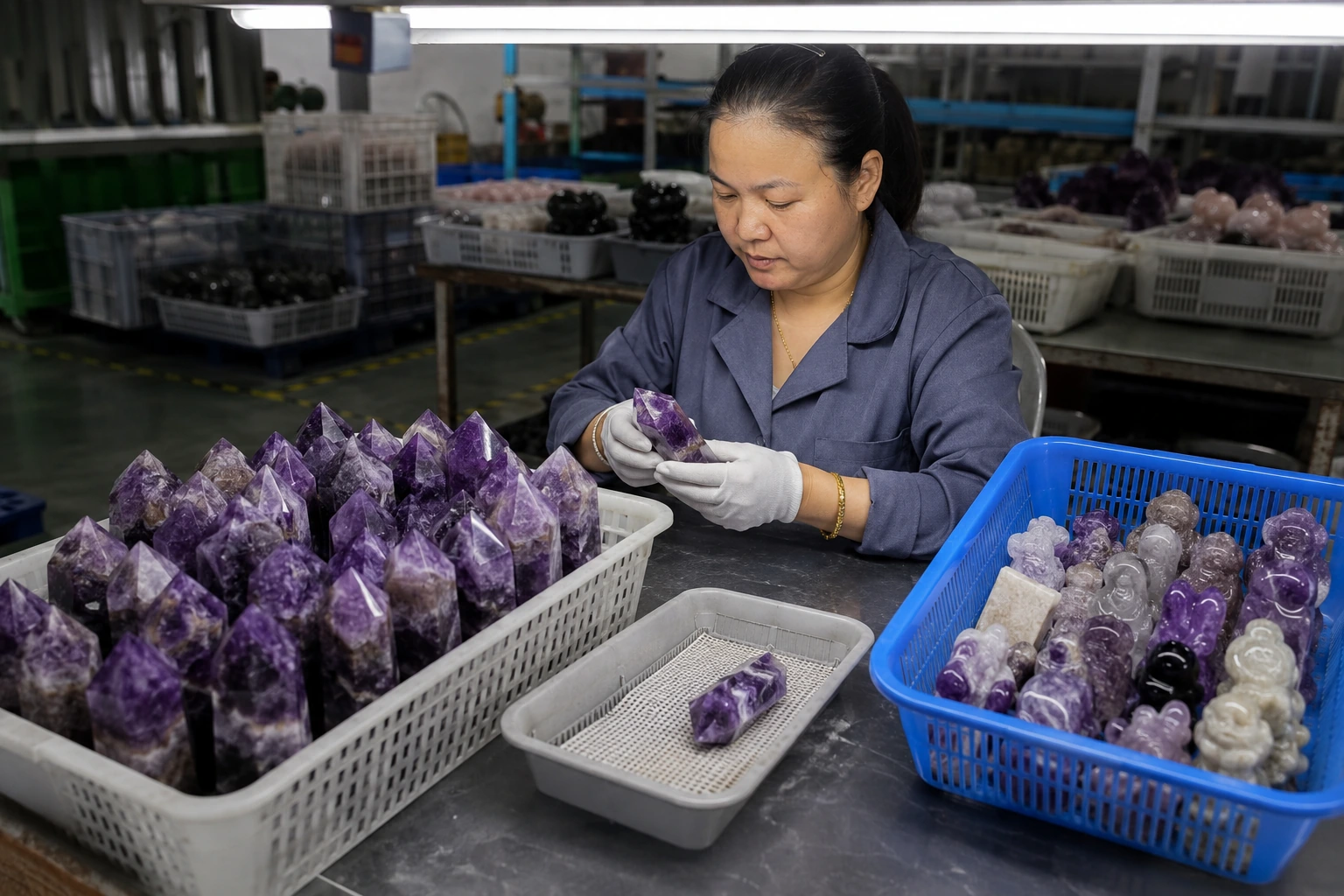 An image of a factory worker inspecting crystal carvings on a workbench and setting aside a piece with a visible chip into a rejection bin.