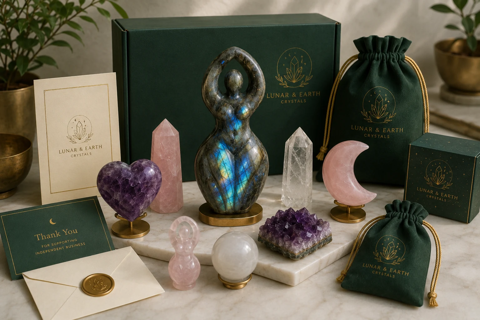 A display showing a mix of custom-packaged stock crystals and one unique "hero" crystal carving.