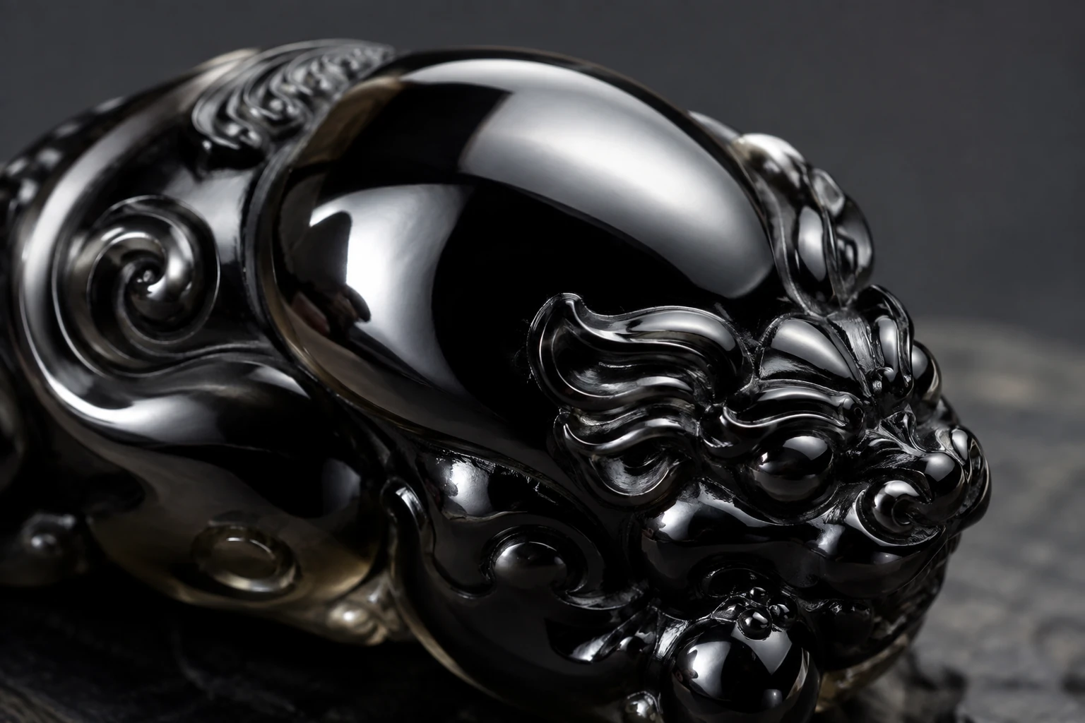 A close-up shot of a highly polished obsidian carving, showing a perfect, mirror-like reflection on its curved surface.