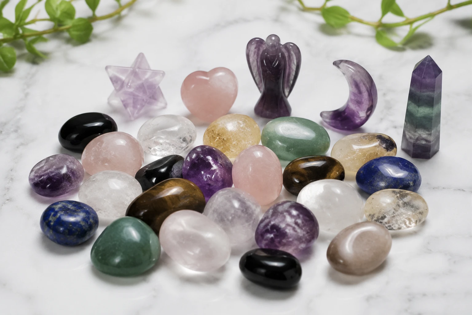 A clean and organized wholesale crystal warehouse with bins of sorted stones