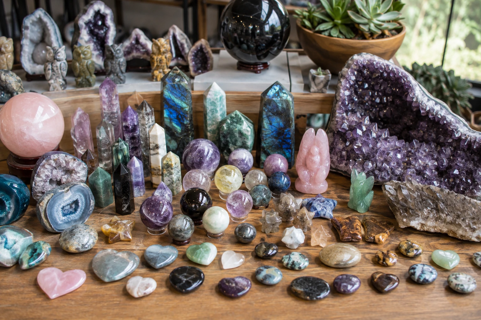 A beautifully curated display of crystals showing a mix of towers, unique carvings, and a large statement piece
