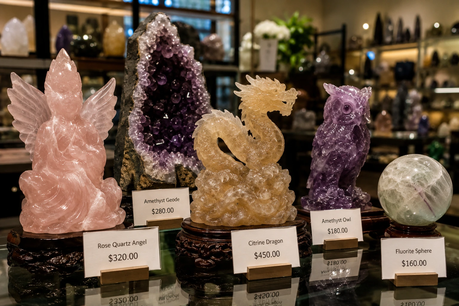 A very large, impressive amethyst geode displayed prominently in a retail store as a price anchor.