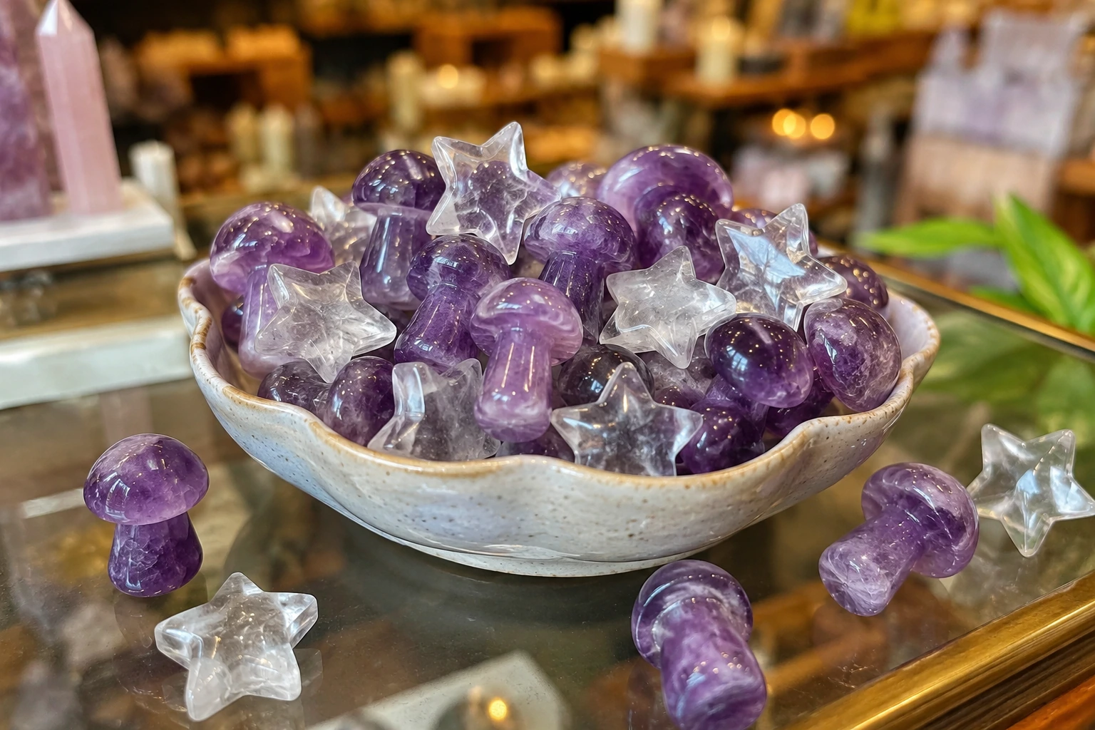 A bowl filled with small amethyst crystal mushrooms and clear quartz stars, perfect as add-on high-margin crystal products.