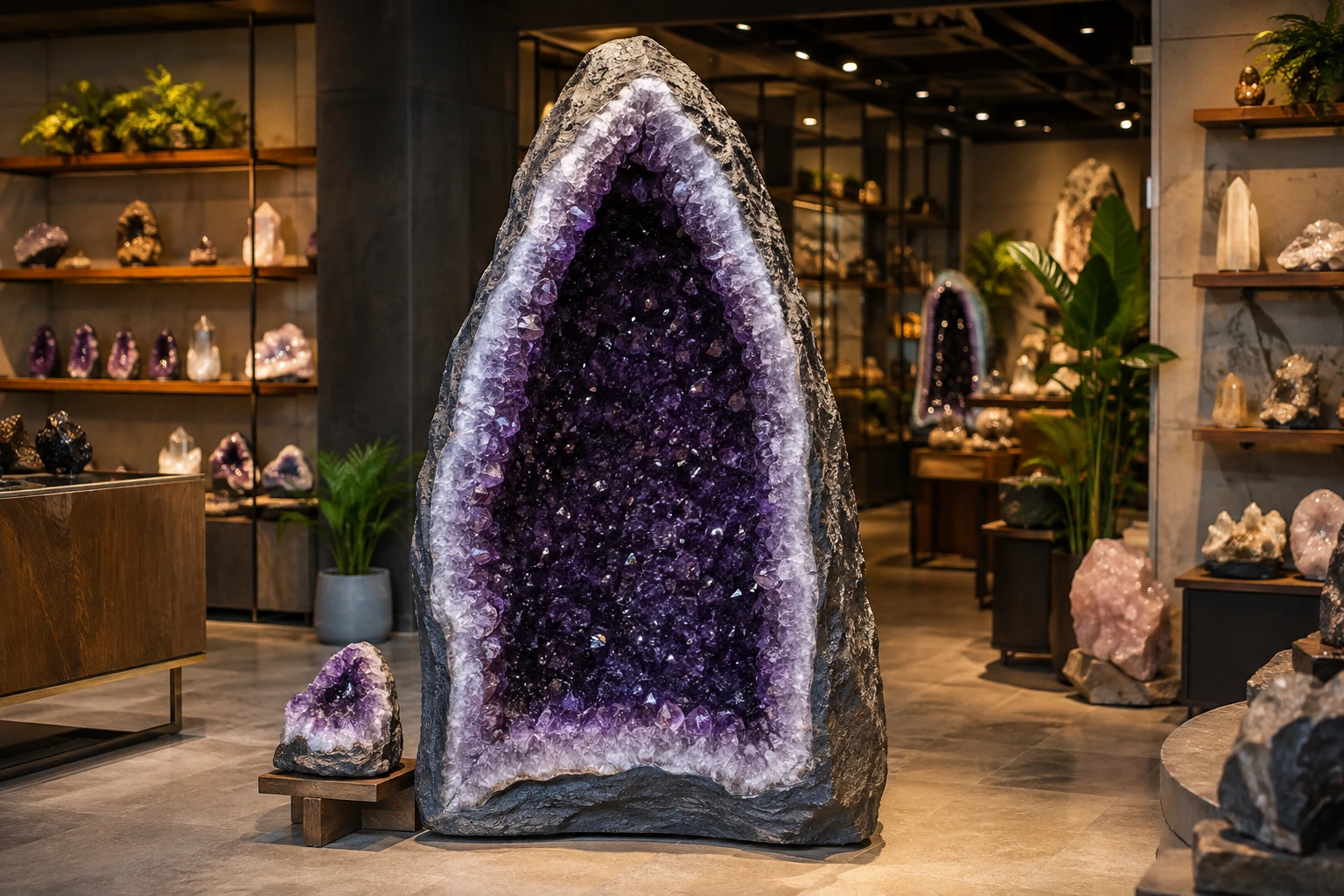 A large, human-sized amethyst geode cathedral, a powerful statement piece that qualifies as a high-margin crystal product.