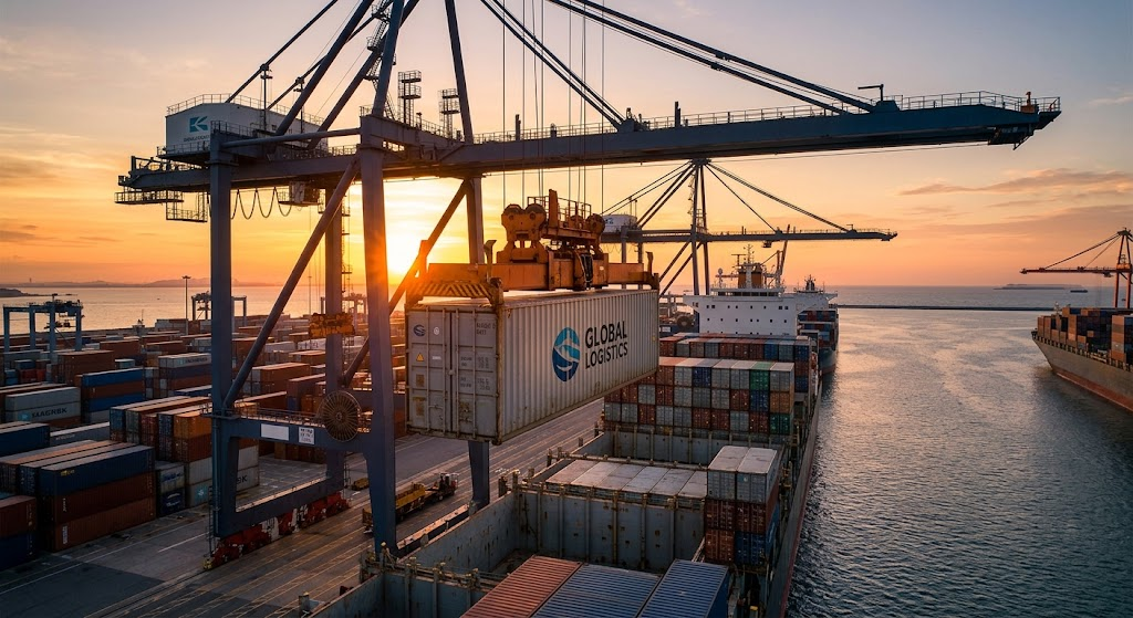 A shipping container being loaded onto a cargo ship at a busy port, with the sun setting in the background.