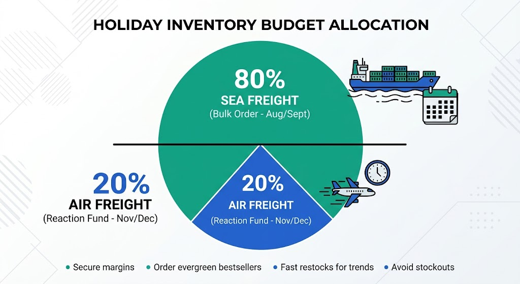 A diagram showing a budget pie chart split 80% for sea freight and 20% for air freight.