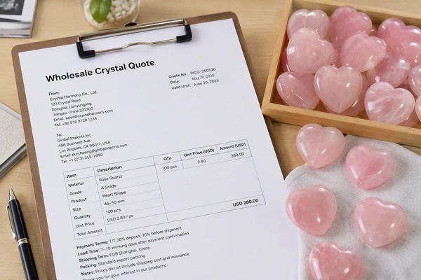 A clear and accurate wholesale crystal quote document next to a collection of crystal hearts